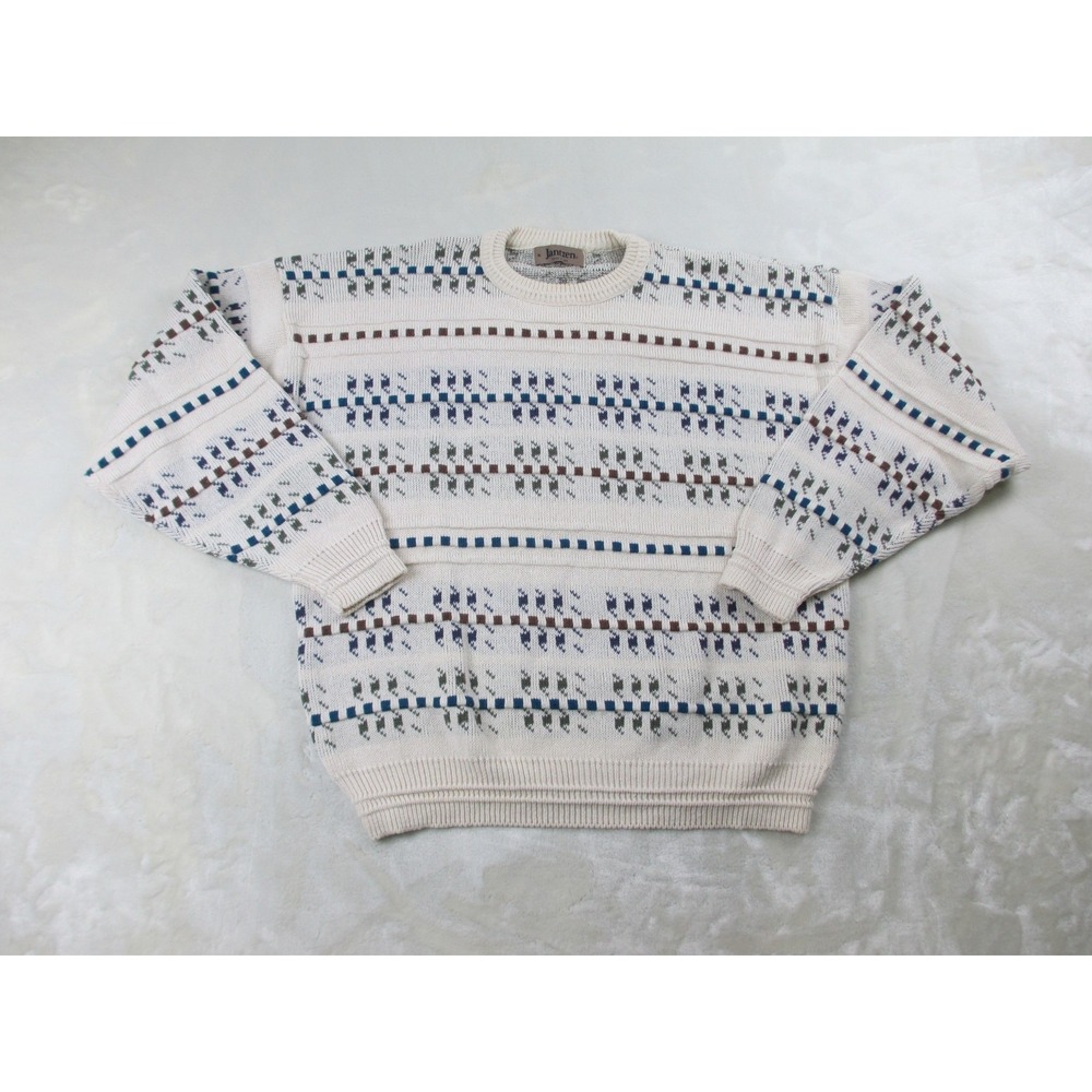 VINTAGE Jantzen Sweater Mens Extra Large White Knit Grandpa Southwestern‎ *